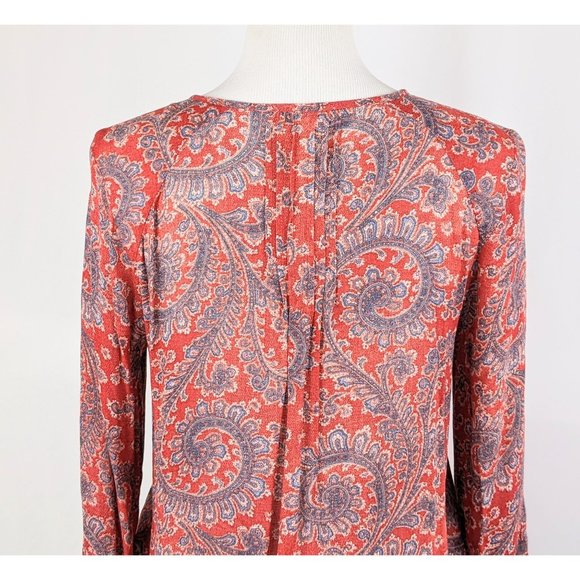 Maroon Paisley Print Peasant Blouse Flowy Pleated Casual Top Balloon Sleeves - Picture 2 of 9